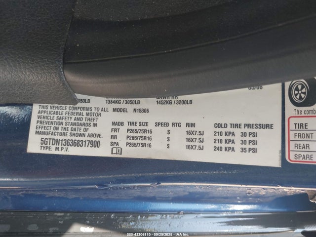 43306110 :رقم المزاد ، 5GTDN136368317900 vin ، 2006 Hummer H3 Suv مزاد بيع