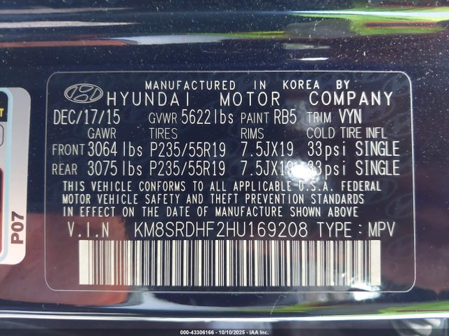 Hyundai gdi lambda ii 2017 KM8SRDHF2HU169208 Image 9