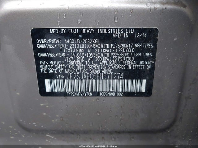 Subaru 2.5na u5 2015 JF2SJAFC6FH571274 Image 9