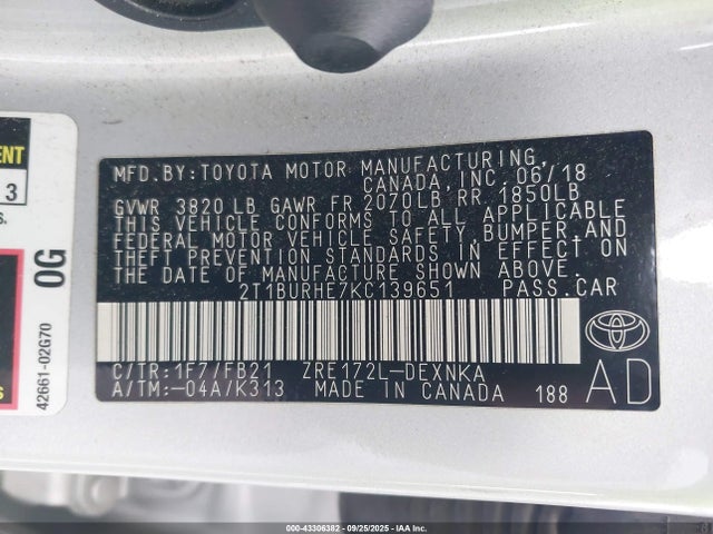 2T1BURHE7KC139651 Toyota 2zr-fe