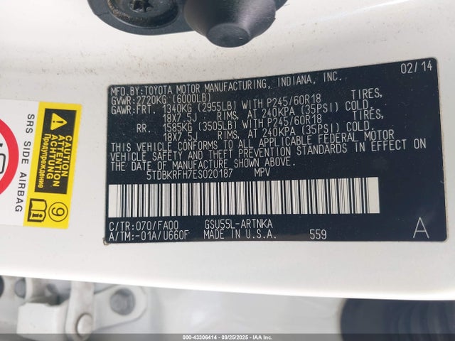 Toyota 2gr-fe 2014 5TDBKRFH7ES020187 Image 9