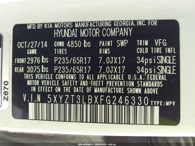 5XYZT3LBXFG246330 Hyundai dohc gdi theta ii