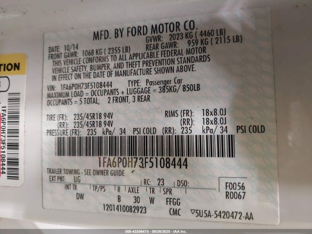 Aukcja sprzedaży 2015 Ford Fusion Se, vin: 1FA6P0H73F5108444, numer aukcji: 43306474