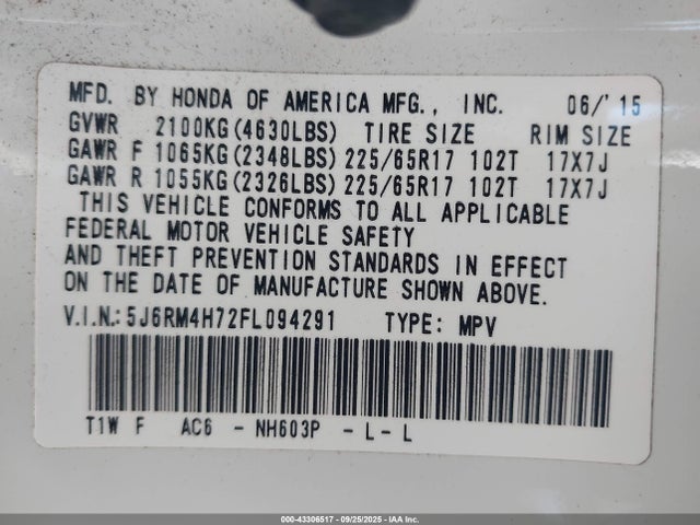 Honda k24w9 2015 5J6RM4H72FL094291 Image 9