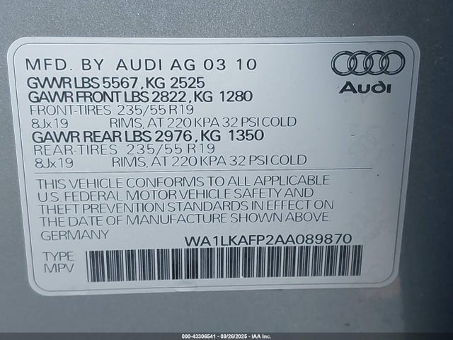 2010 AUDI Q5 WA1LKAFP2AA089870 Photo 8