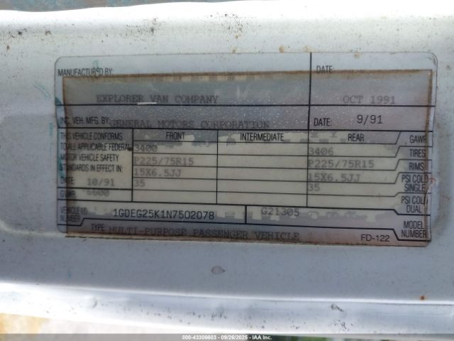 1992 GMC RALLY WAGON / VAN 1GDEG25K1N7502078 Photo 8