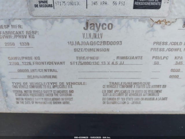 Aukcja sprzedaży 2012 Jayco 1207, vin: 1UJAJ0AG6C2BD0093, numer aukcji: 43306625