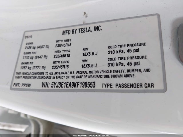 2019 TESLA MODEL 3 5YJ3E1EA9KF190553 Photo 8