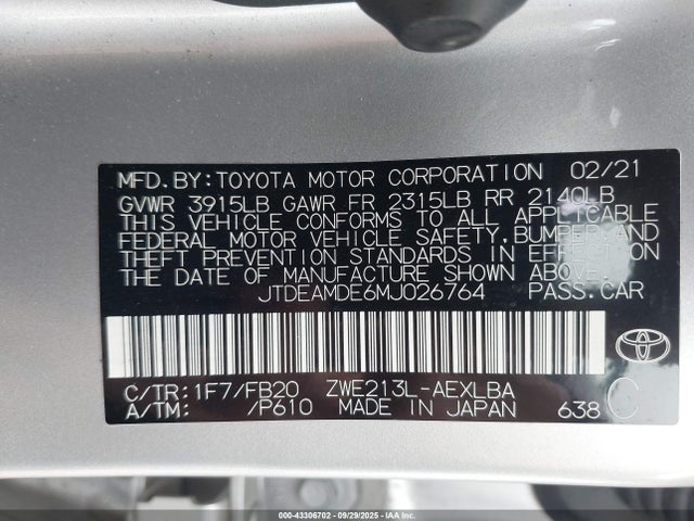 Toyota 2zr-fxe, 1nm 2021 JTDEAMDE6MJ026764 Image 9