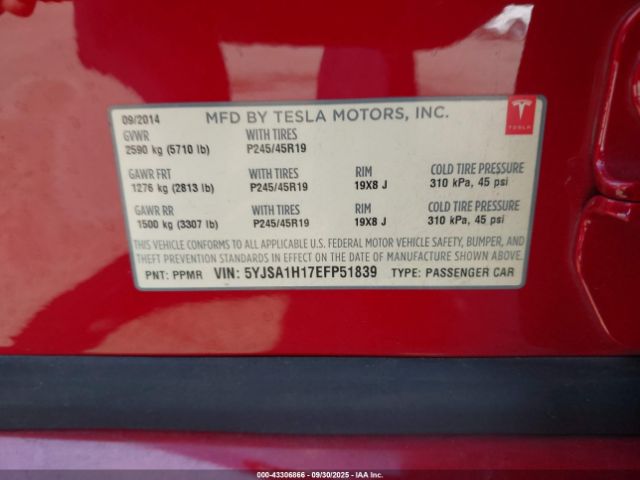 2014 TESLA MODEL S 5YJSA1H17EFP51839 Photo 8