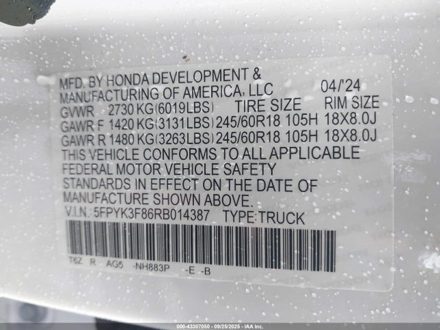 Honda j35y6 2024 5FPYK3F86RB014387 Image 9