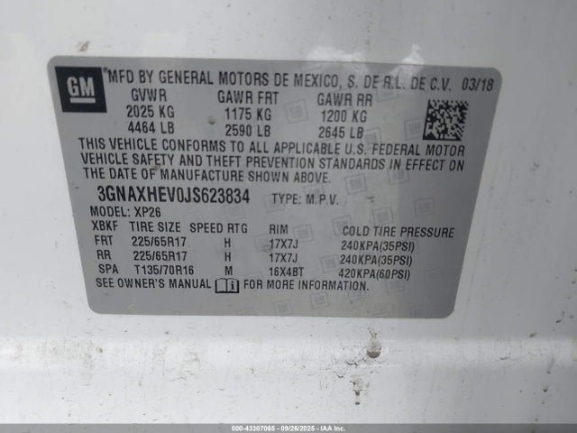 3GNAXHEV0JS623834 Chevrolet lyx - direct injection, vvt, fgt, turbo, alum, gen1