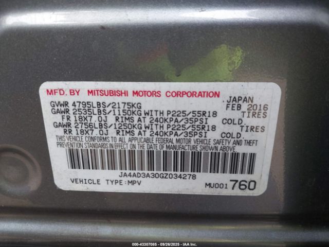 2016 MITSUBISHI OUTLANDER JA4AD3A30GZ034278 Photo 8
