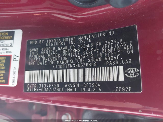 Toyota 2ar-fe 2016 4T1BF1FK3GU576668 Image 9