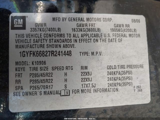 2007 CADILLAC ESCALADE ESV 1GYFK66827R241448 Photo 8