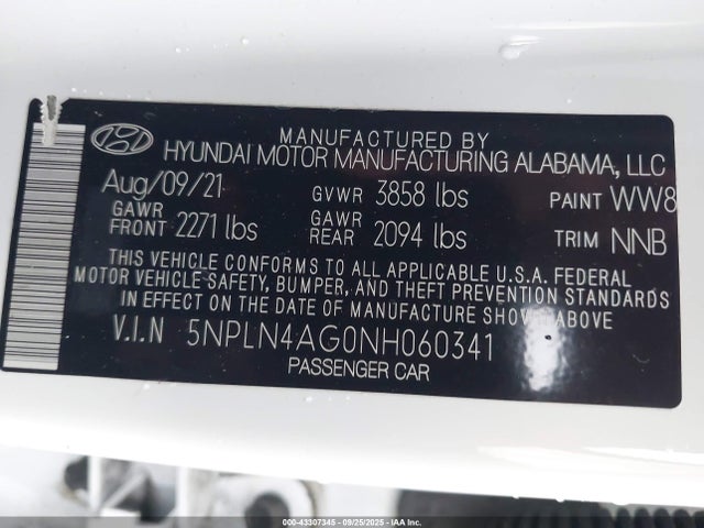 2022 Hyundai Elantra Sel მანქანა იყიდება აუქციონზე, vin: 5NPLN4AG0NH060341, აუქციონის ნომერი: 43307345
