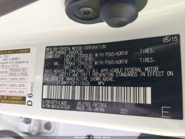 Lexus 1ur-fe 2015 JTJBM7FX2F5116626 Image 9