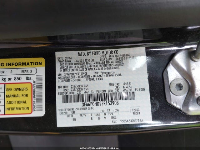 43307554 :رقم المزاد ، 3FA6P0HD9FR153908 vin ، 2015 Ford Fusion Se مزاد بيع