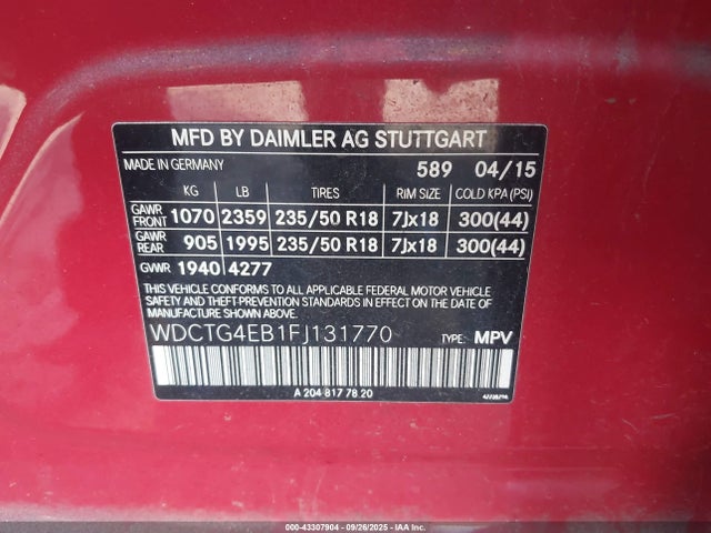 WDCTG4EB1FJ131770 Mercedes-Benz GLA-Class