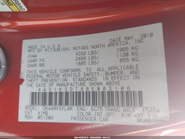 2011 MITSUBISHI ECLIPSE 4A31K3DT8BE003106 Photo 8