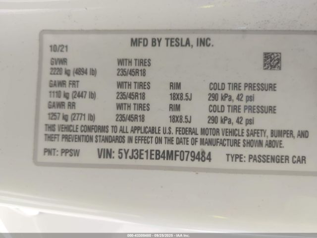 2021 TESLA MODEL 3 5YJ3E1EB4MF079484 Photo 8