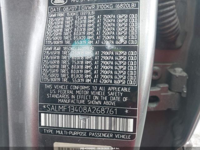 2008 LAND ROVER RANGE ROVER SALMF13408A268761 Photo 8