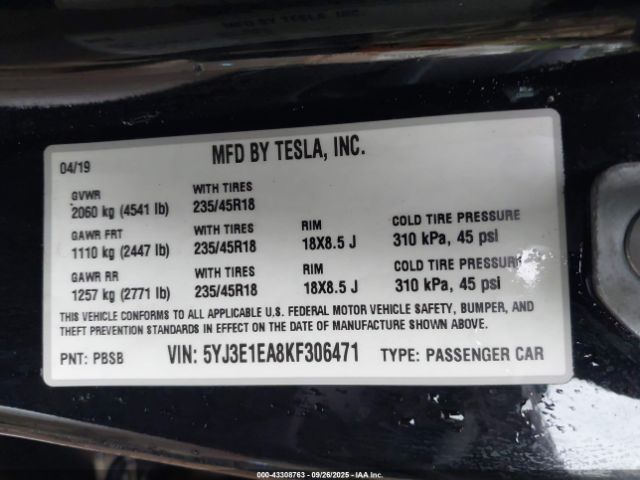 2019 TESLA MODEL 3 5YJ3E1EA8KF306471 Photo 8