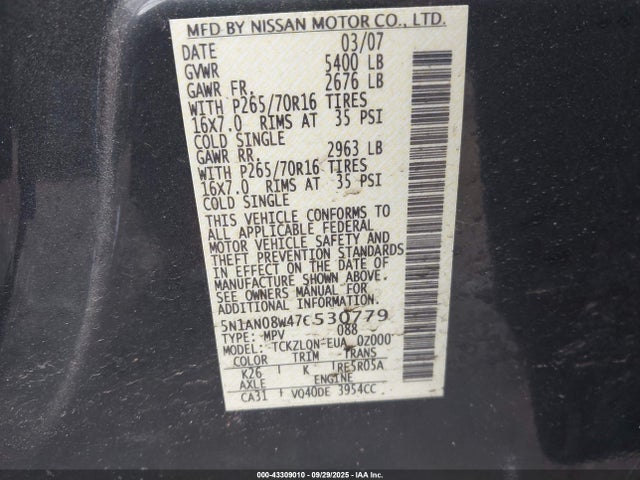 2007 Nissan Xterra X მანქანა იყიდება აუქციონზე, vin: 5N1AN08W47C530779, აუქციონის ნომერი: 43309010