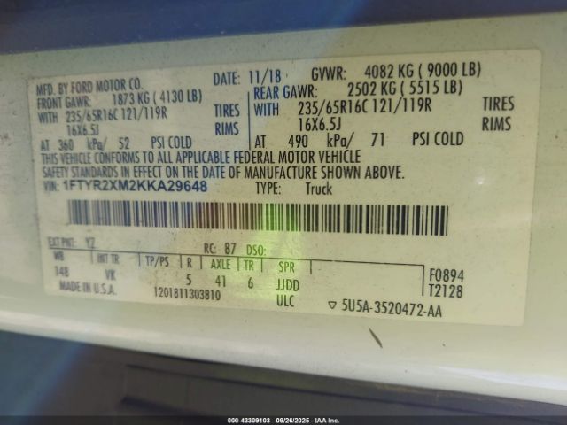 2019 FORD TRANSIT-250 1FTYR2XM2KKA29648 Photo 8