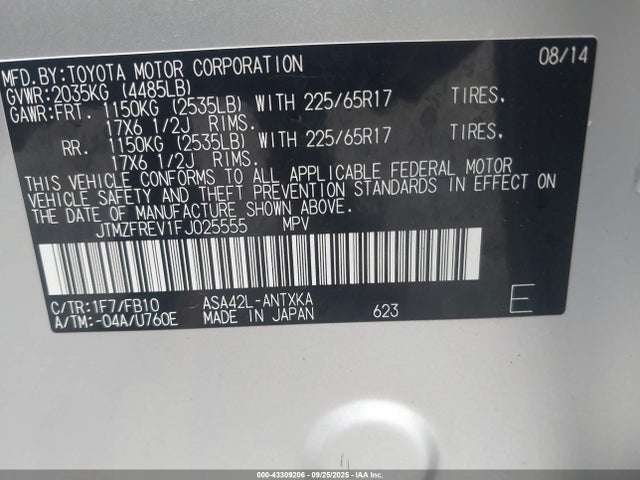 Toyota 2ar-fe 2015 JTMZFREV1FJ025555 Image 9