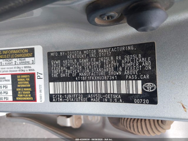 Toyota 2ar-fe 2017 4T1BF1FKXHU387341 Image 9