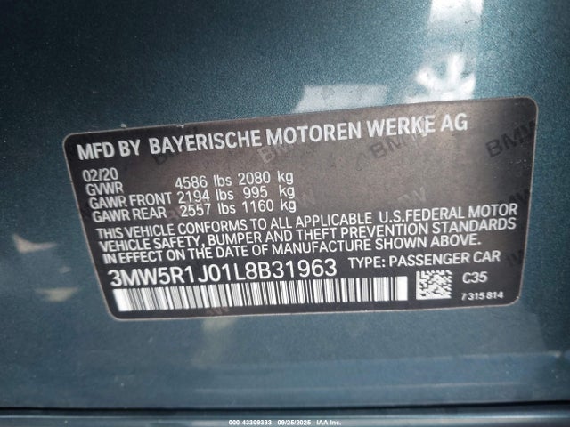 2020 Bmw 330i მანქანა იყიდება აუქციონზე, vin: 3MW5R1J01L8B31963, აუქციონის ნომერი: 43309333
