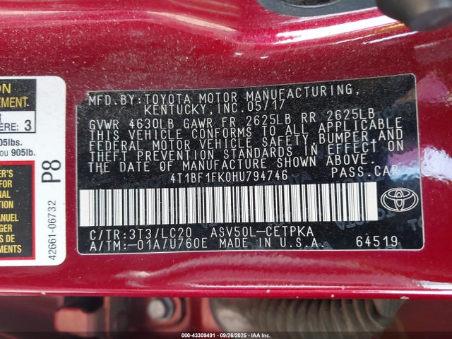 43309491 :رقم المزاد ، 4T1BF1FK0HU794746 vin ، 2017 Toyota Camry Xse مزاد بيع
