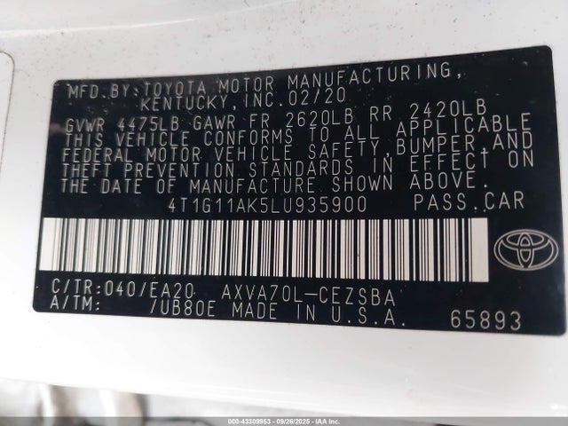 4T1G11AK5LU935900 Toyota CAMRY SE