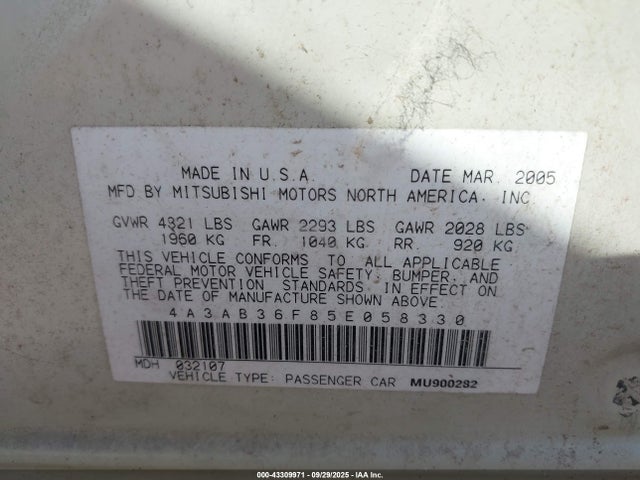 Продаж на аукціоні авто 2005 Mitsubishi Galant Es/se, vin: 4A3AB36F85E058330, номер лоту: 43309971
