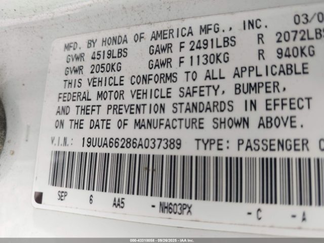 2006 ACURA TL 19UUA66286A037389 Photo 8