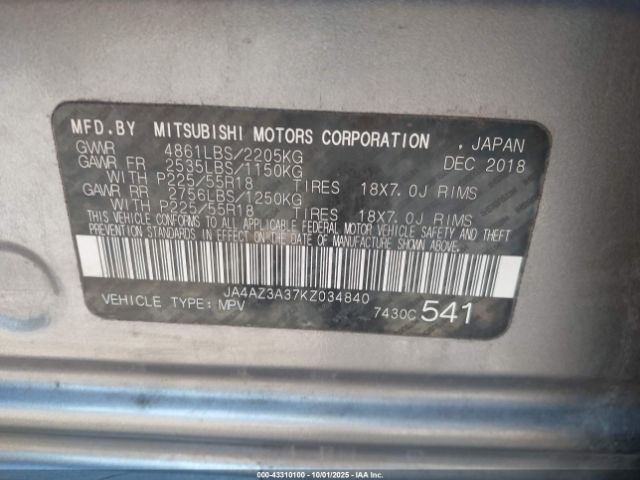 2019 MITSUBISHI OUTLANDER JA4AZ3A37KZ034840 Photo 8