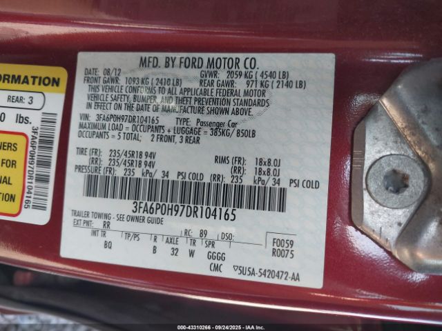2013 FORD FUSION 3FA6P0H97DR104165 Photo 8