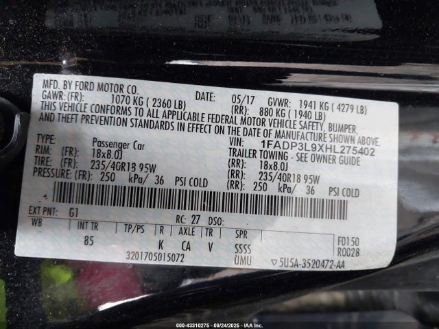 1FADP3L9XHL275402 Ford 2.0l gtdi premium fuel