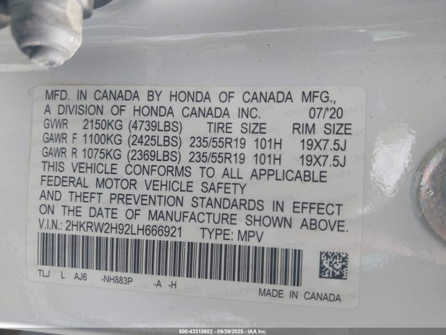 2HKRW2H92LH666921 Honda l15be
