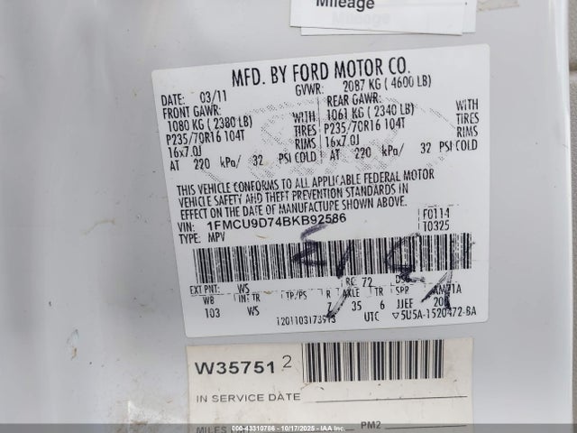 Продаж на аукціоні авто 2011 Ford Escape Xlt, vin: 1FMCU9D74BKB92586, номер лоту: 43310786