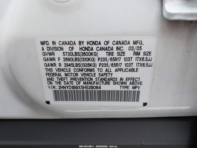 43310911 :رقم المزاد ، 2HNYD189X5H529064 vin ، 2005 Acura Mdx مزاد بيع