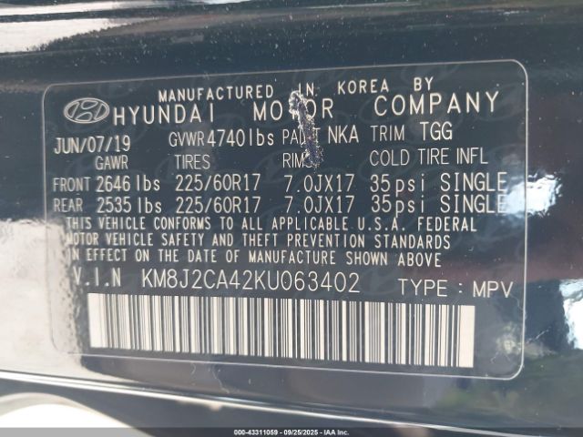 2019 HYUNDAI TUCSON KM8J2CA42KU063402 Photo 8