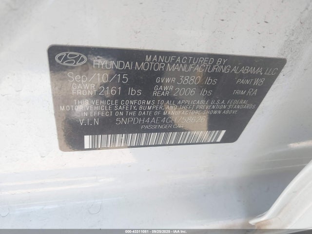 Hyundai dohc mpi nu 2016 5NPDH4AE4GH758626 Image 9