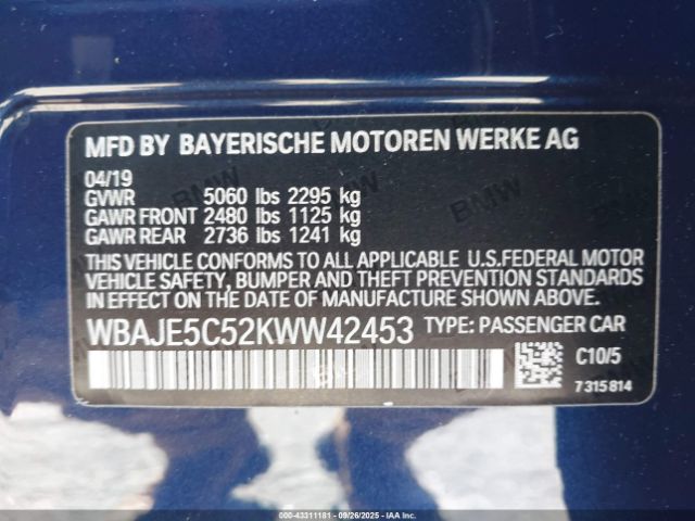 2019 BMW 540I WBAJE5C52KWW42453 Photo 8