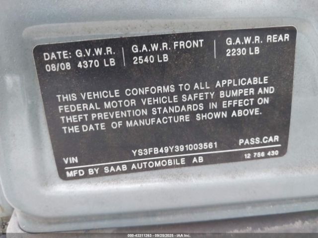2009 SAAB 9-3 YS3FB49Y391003561 Photo 8