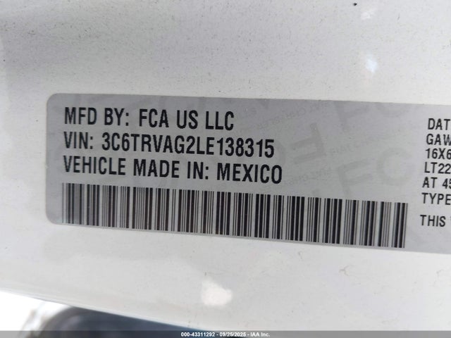 Продажа на аукционе авто 2020 Ram Promaster 1500 Low Roof 136 Wb, vin: 3C6TRVAG2LE138315, номер лота: 43311292