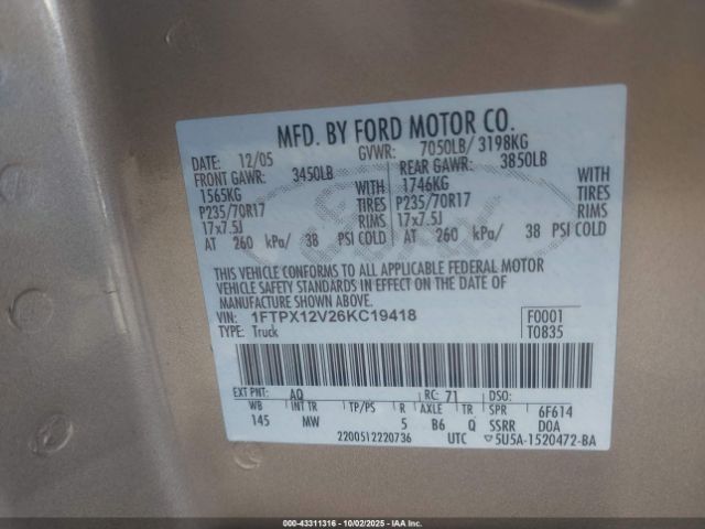 2006 FORD F-150 1FTPX12V26KC19418 Photo 8