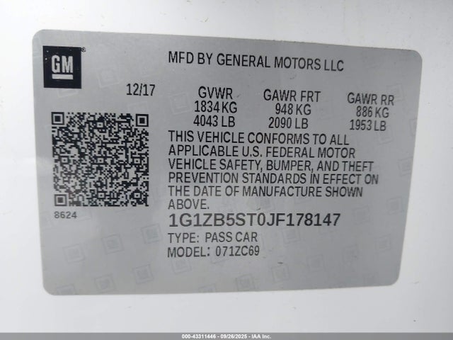 Chevrolet lfv - direct injection, variable valve timing, gen 1 2018 1G1ZB5ST0JF178147 Image 9