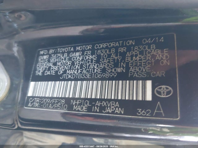 Toyota 1nz-fxe+1lm 2014 JTDKDTB33E1069899 Image 9